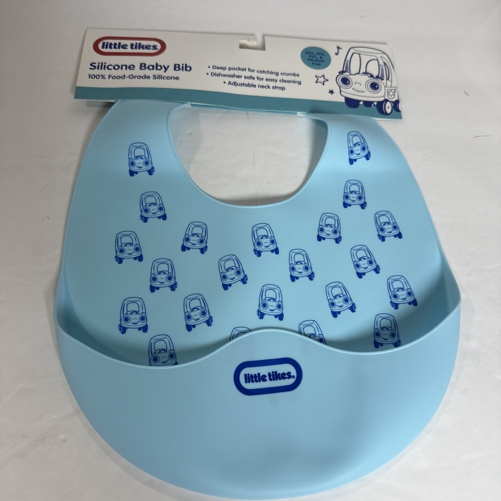 LITTLE TIKES Blue Silicone BABY BIB‎ Deep Pocket & Adjust. Strap BPA+Phthal. NEW
